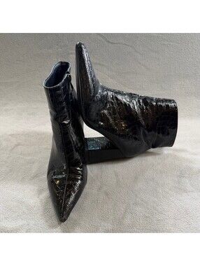 Black Faux Crocodile Embossed Pointed Toe Stiletto Ankle Boots Zip High Heel